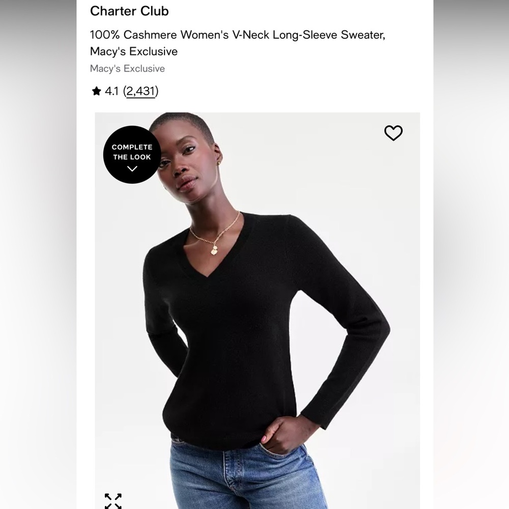 Charter Club Women’s Black V-Neck Long-Sleeve 100% Cashmere Sweater
